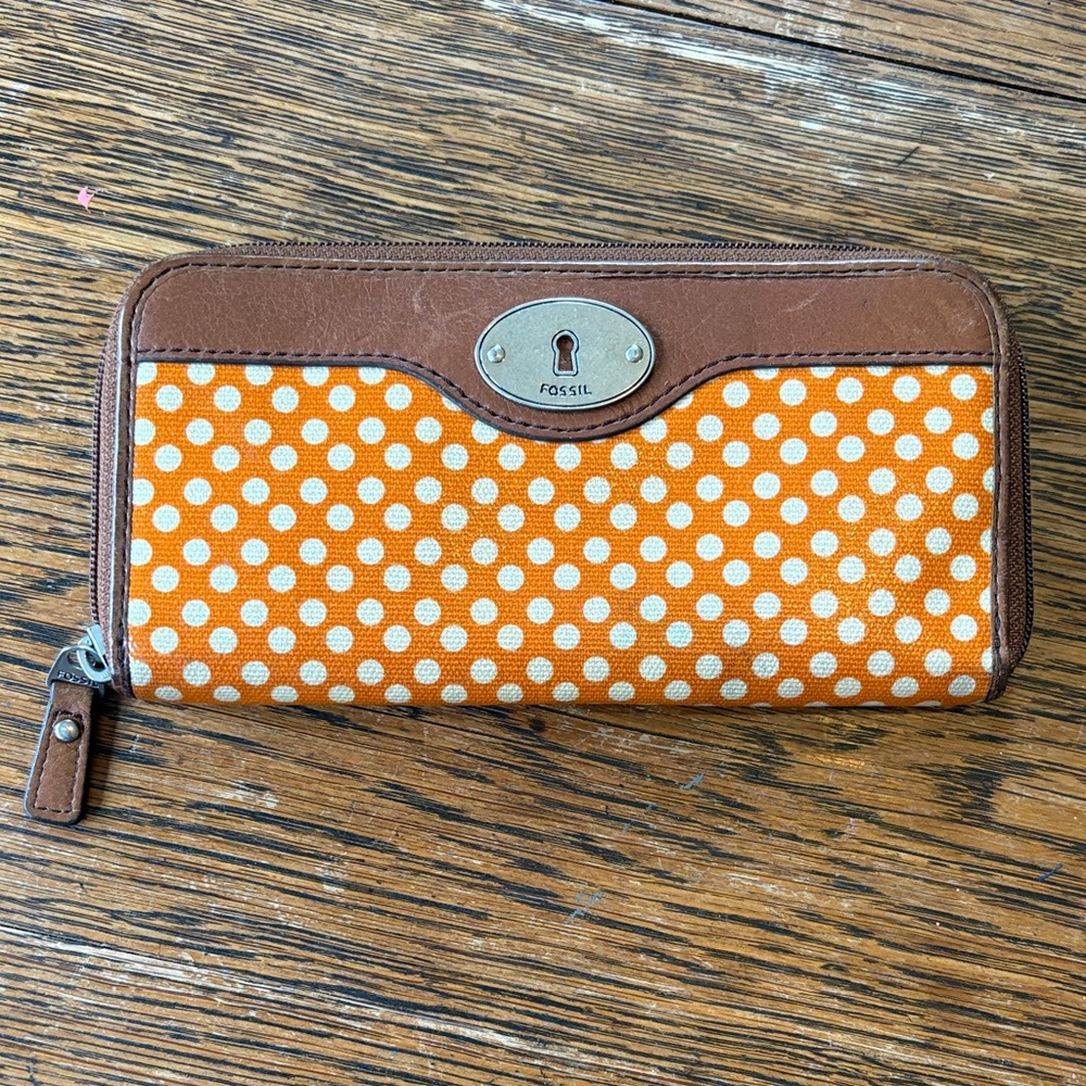 Fossil Orange and Brown Polka Dot Wallet